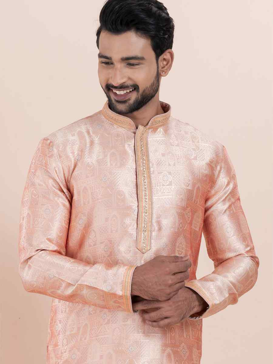 Multi Jacquard Silk Embroidered Festival Wedding Kurta Pyjama Men's Wear