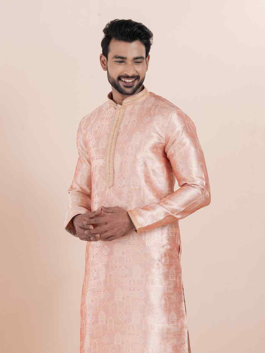 Multi Jacquard Silk Embroidered Festival Wedding Kurta Pyjama Men's Wear