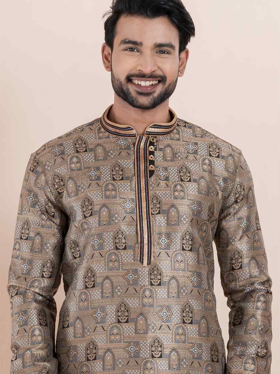 Multi Jacquard Silk Embroidered Festival Wedding Kurta Pyjama Men039s Wear