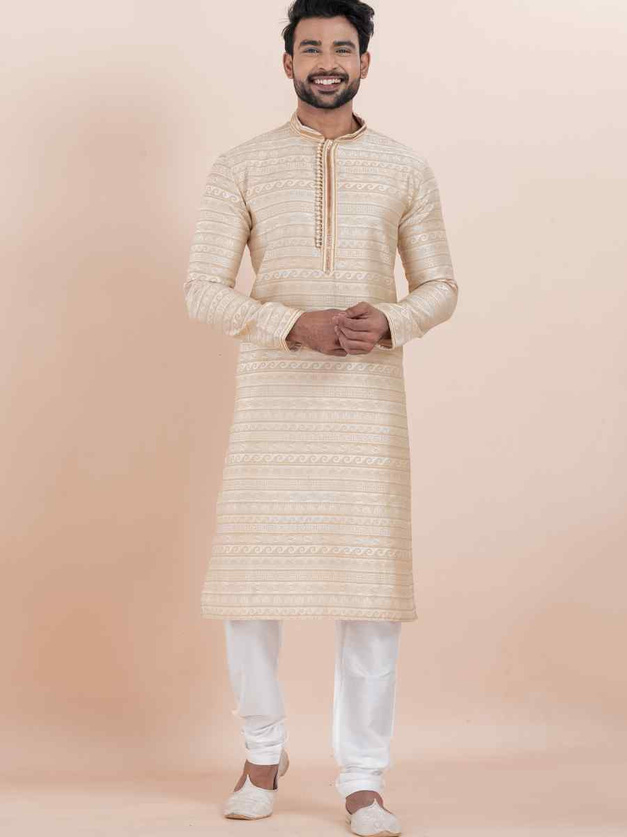Multi Jacquard Silk Embroidered Festival Wedding Kurta Pyjama Men039s Wear