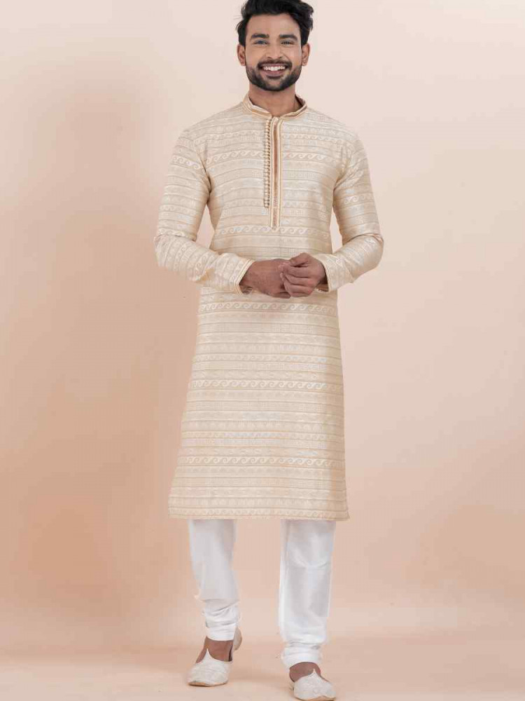 Multi Jacquard Silk Embroidered Festival Wedding Kurta Pyjama Men&#039;s Wear