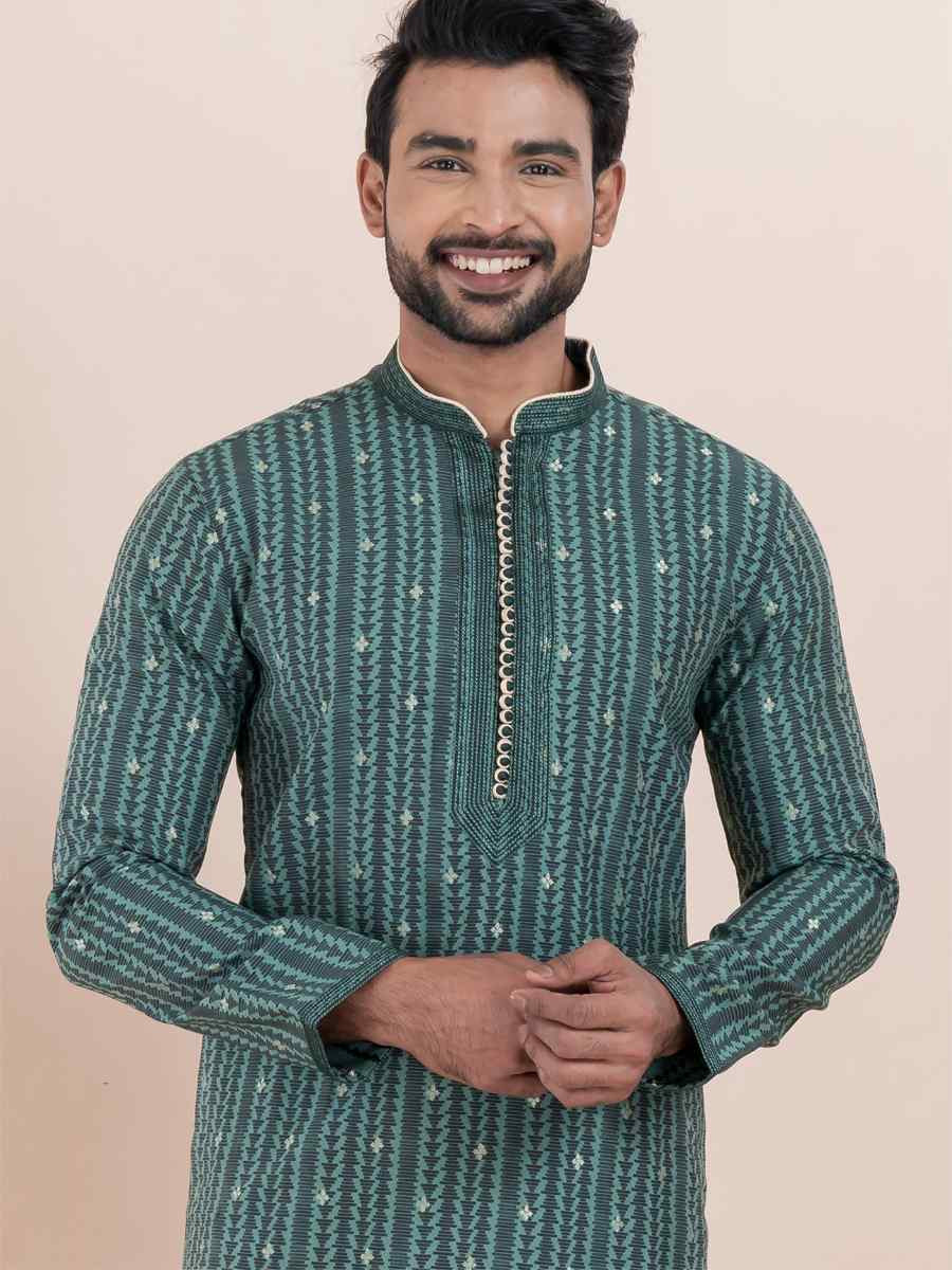 Multi Jacquard Silk Embroidered Festival Wedding Kurta Pyjama Men039s Wear