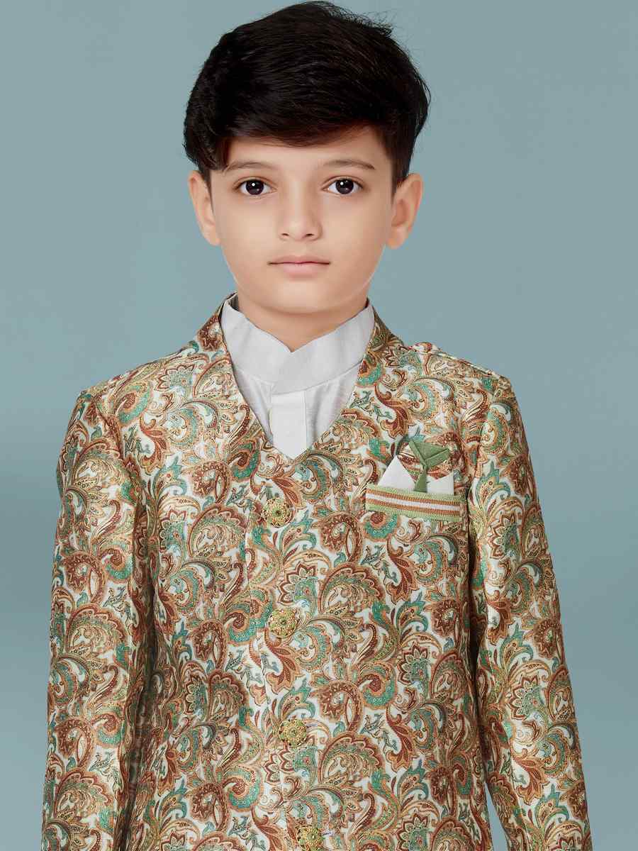 Multi Jacquard Silk Floral Party Festival Kurta Pyjama Boys Wear