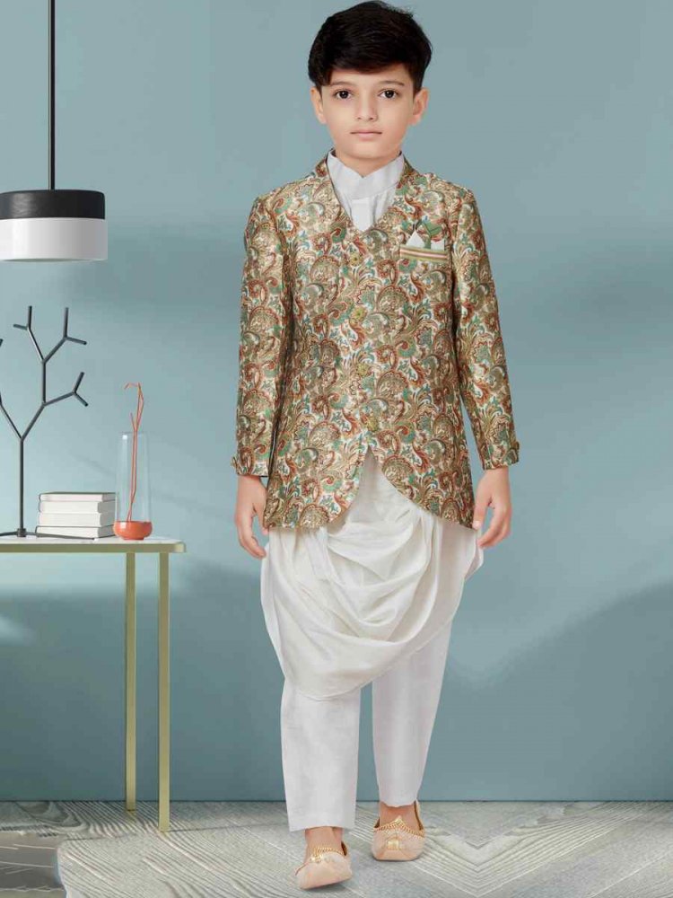 Multi Jacquard Silk Floral Party Festival Kurta Pyjama Boys Wear