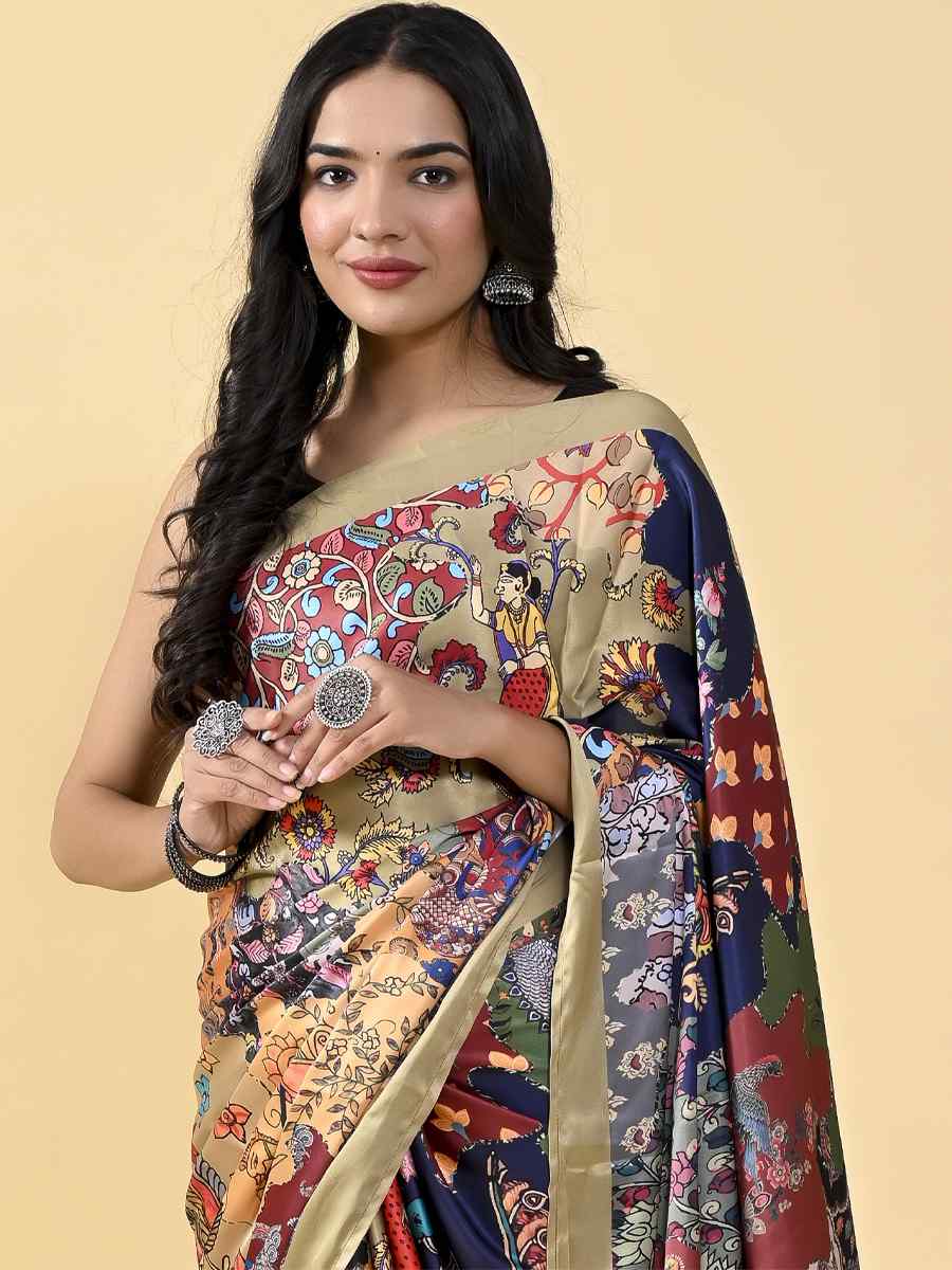 Multi Japan Satin Silk Printed Casual Party Contemporary Saree