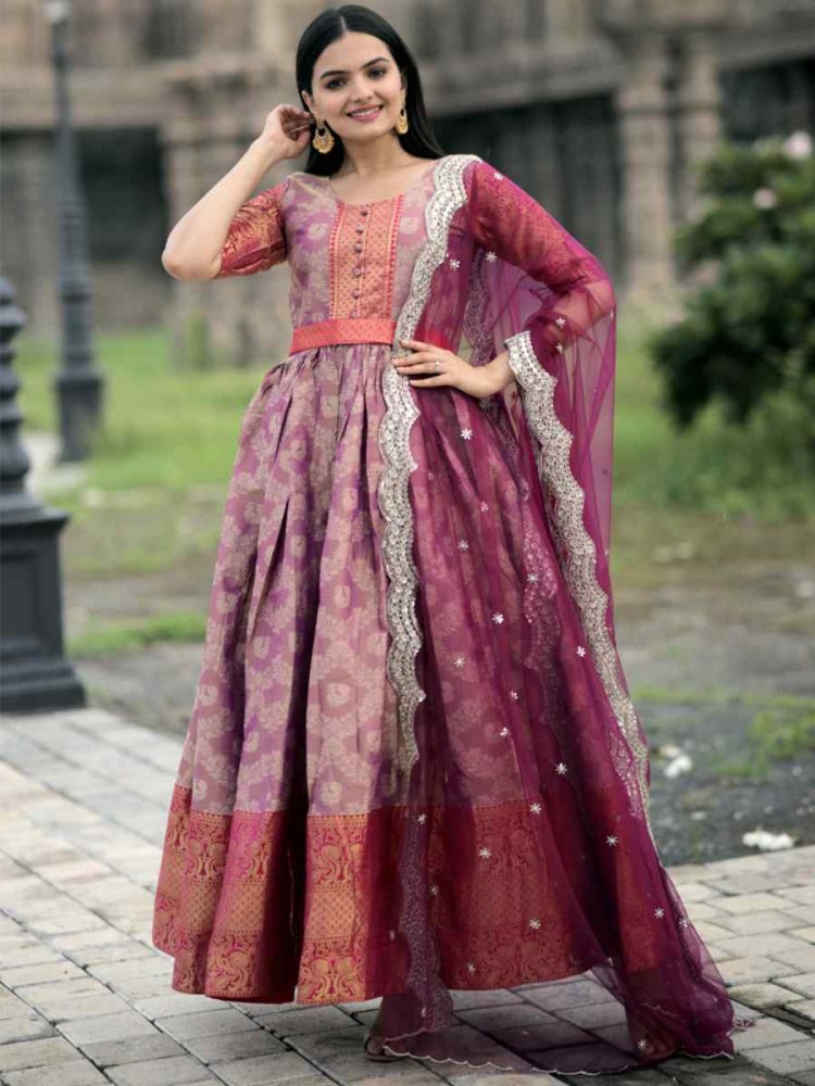 Multi Kanjivaram Pattu Silk Embroidered Festival Mehendi Gown