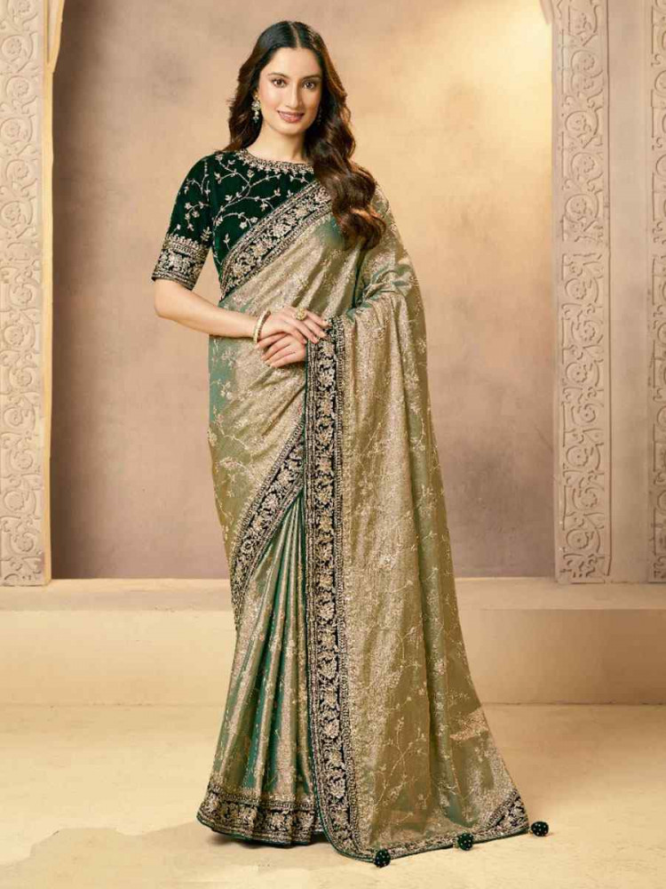 Image of Multi Kora Zari Tissue Silk Embroidery Bridal Reception Party Festival Wedding Fancy Heavy Border Sarees