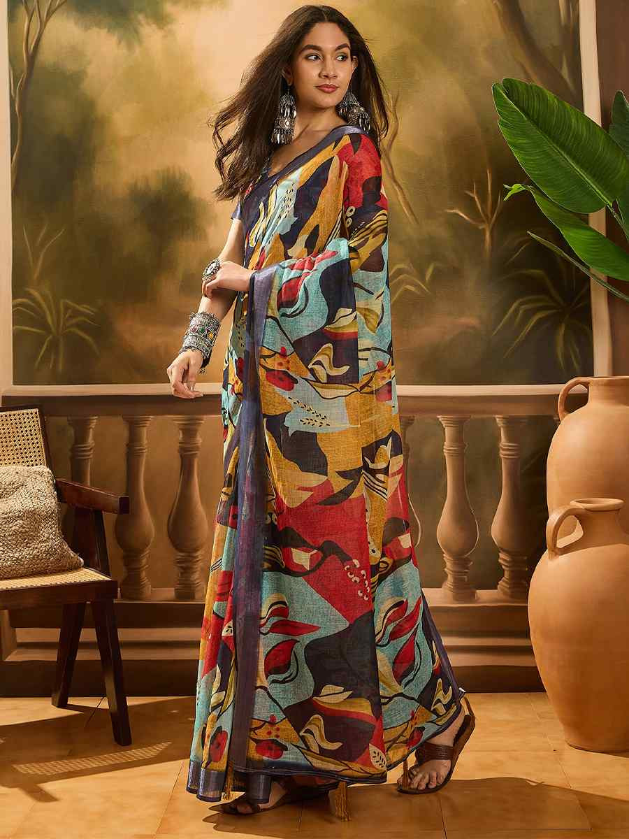 Multi Linen Cotton Blend Handwoven Printed Casual Reception Festival Wedding Fancy Heavy Border Saree