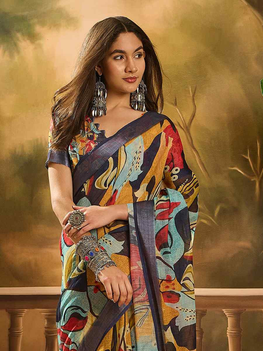 Multi Linen Cotton Blend Handwoven Printed Casual Reception Festival Wedding Fancy Heavy Border Saree