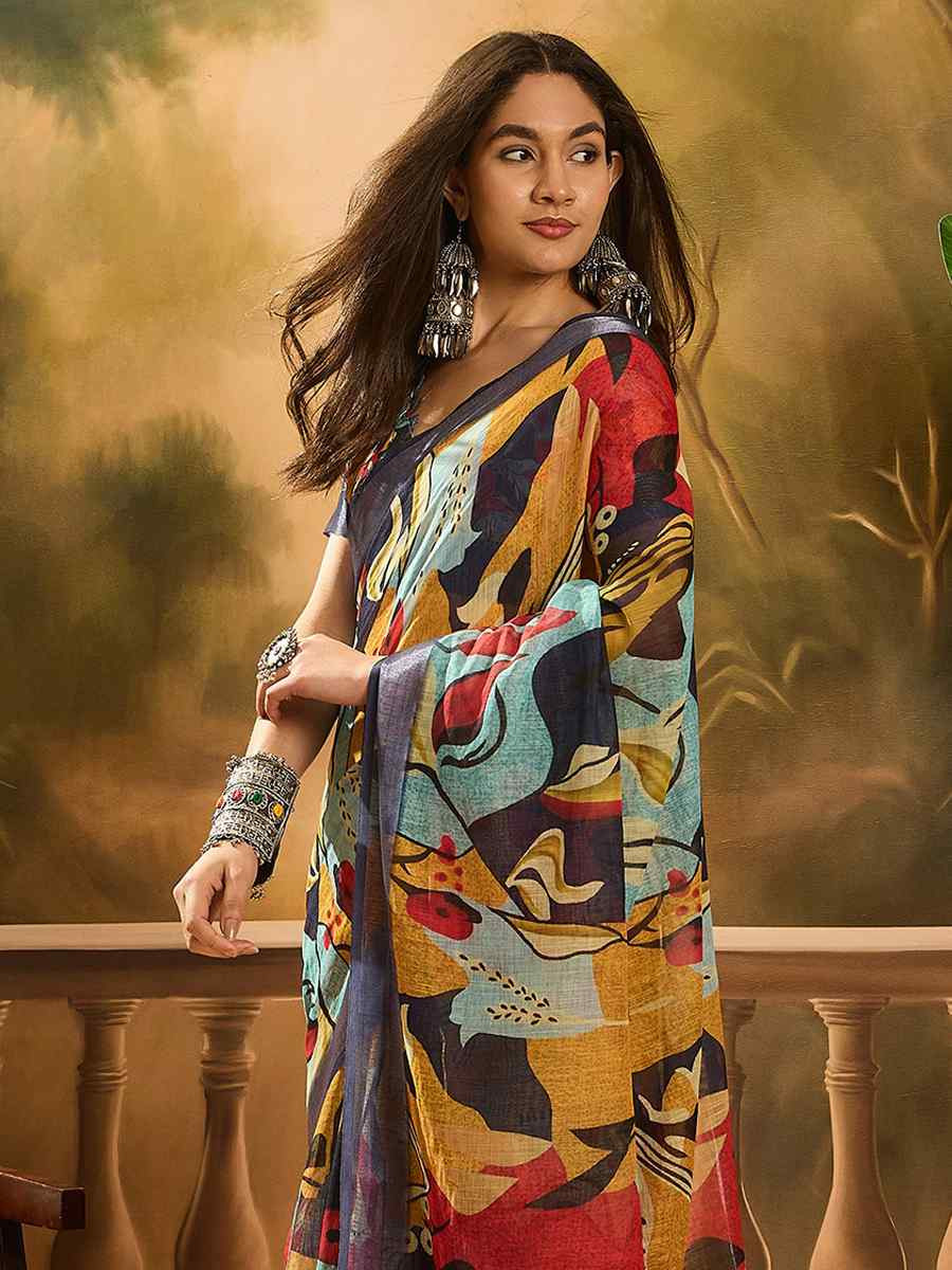 Multi Linen Cotton Blend Handwoven Printed Casual Reception Festival Wedding Fancy Heavy Border Saree