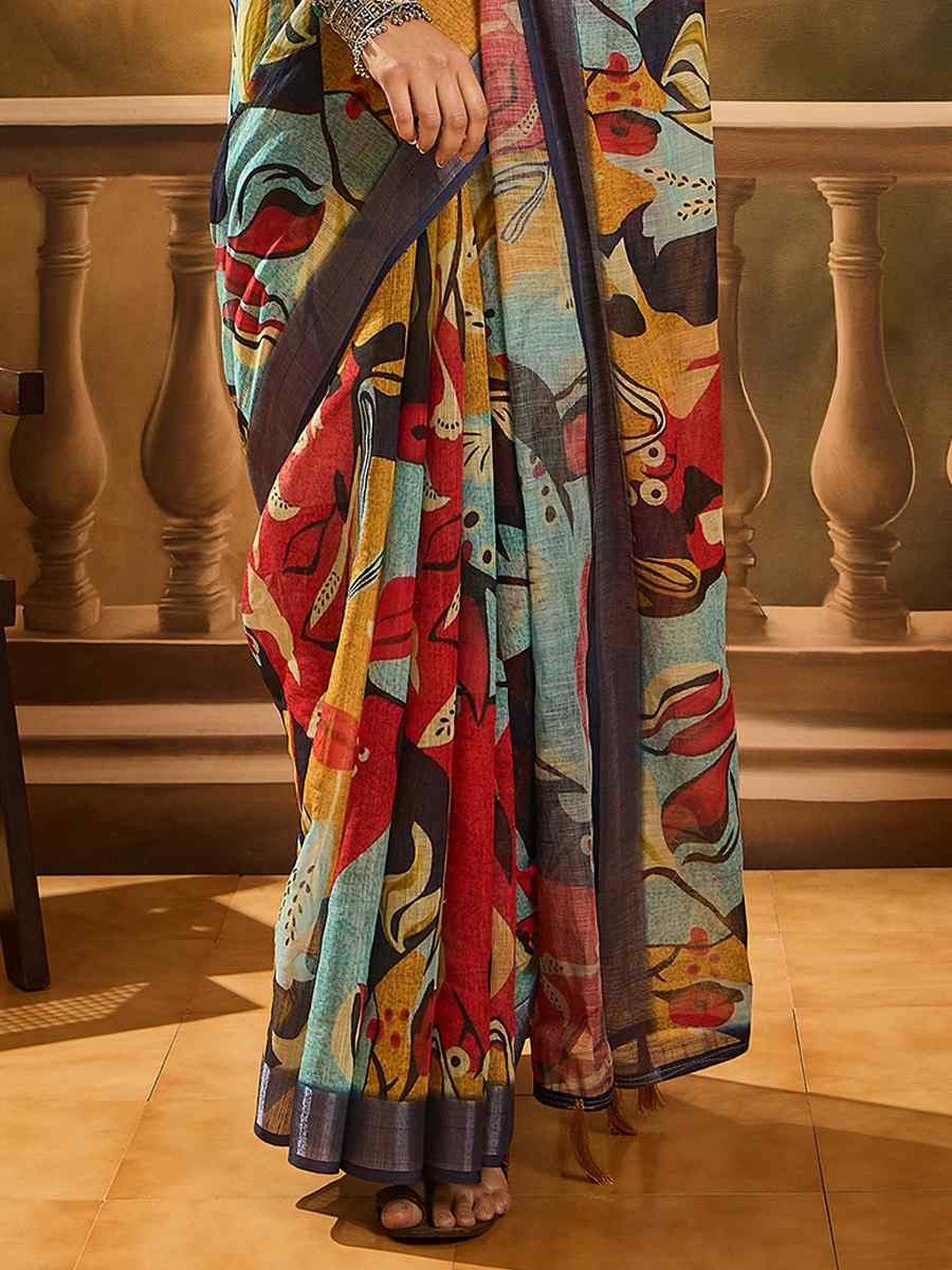 Multi Linen Cotton Blend Handwoven Printed Casual Reception Festival Wedding Fancy Heavy Border Saree