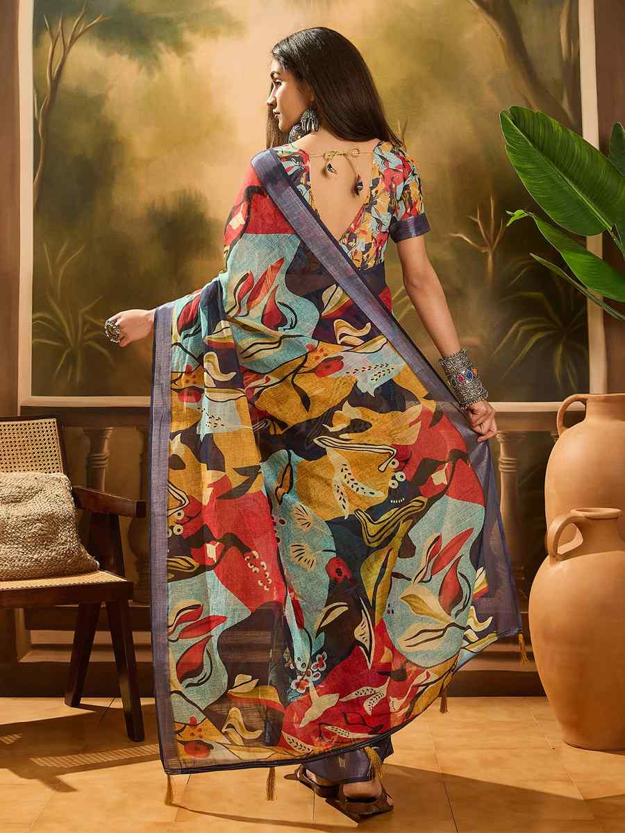 Multi Linen Cotton Blend Handwoven Printed Casual Reception Festival Wedding Fancy Heavy Border Saree