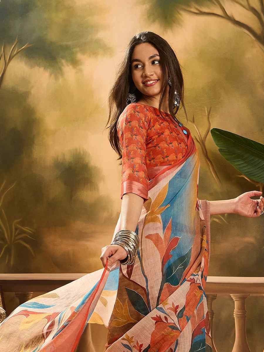 Multi Linen Cotton Blend Handwoven Printed Casual Reception Festival Wedding Fancy Heavy Border Saree