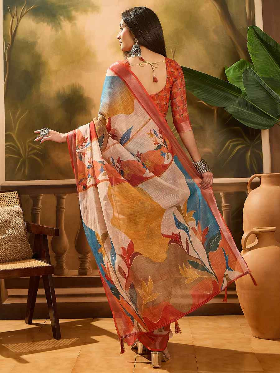 Multi Linen Cotton Blend Handwoven Printed Casual Reception Festival Wedding Fancy Heavy Border Saree