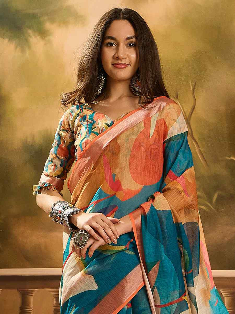 Multi Linen Cotton Blend Handwoven Printed Casual Reception Festival Wedding Fancy Heavy Border Saree