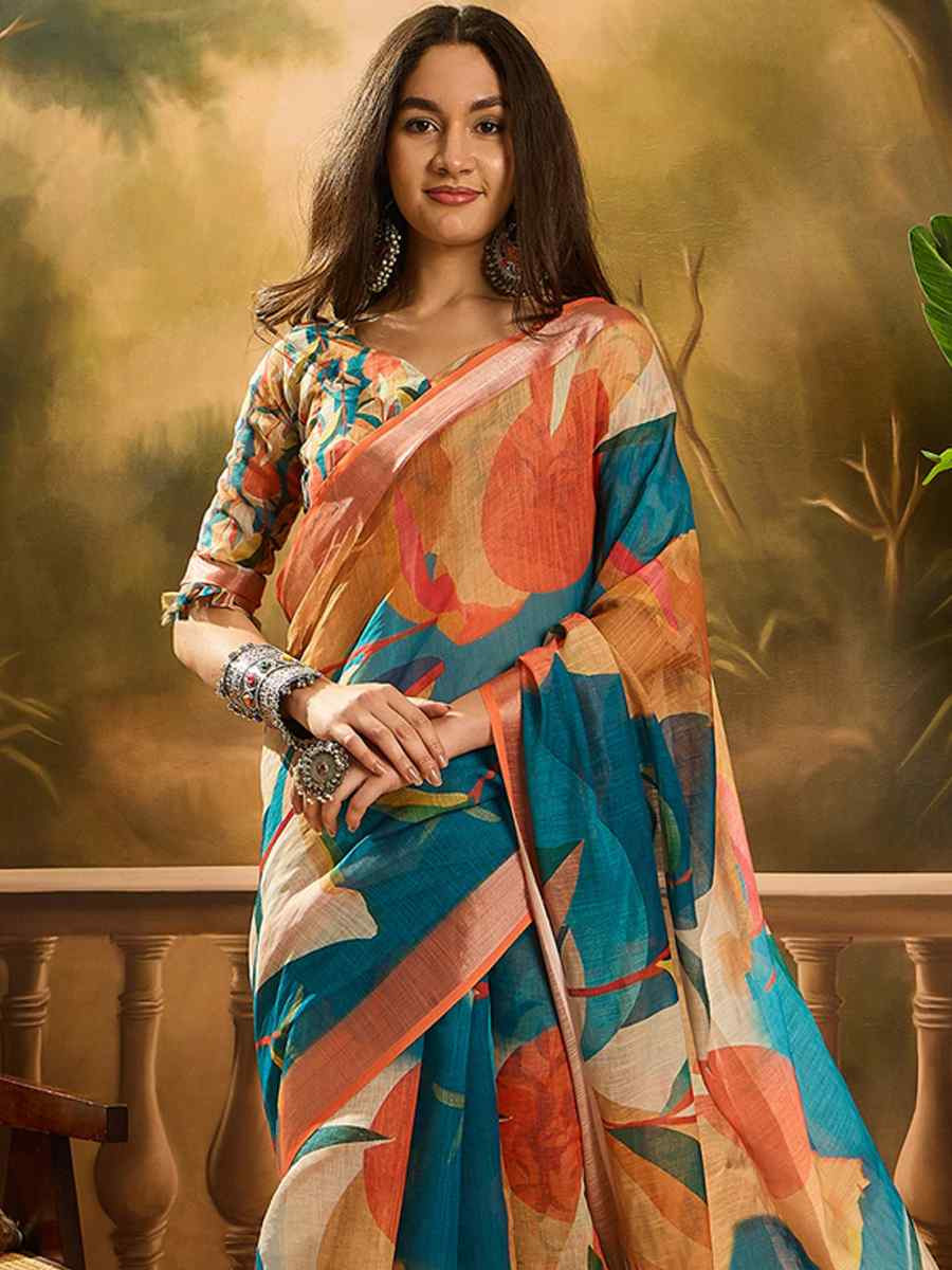 Multi Linen Cotton Blend Handwoven Printed Casual Reception Festival Wedding Fancy Heavy Border Saree