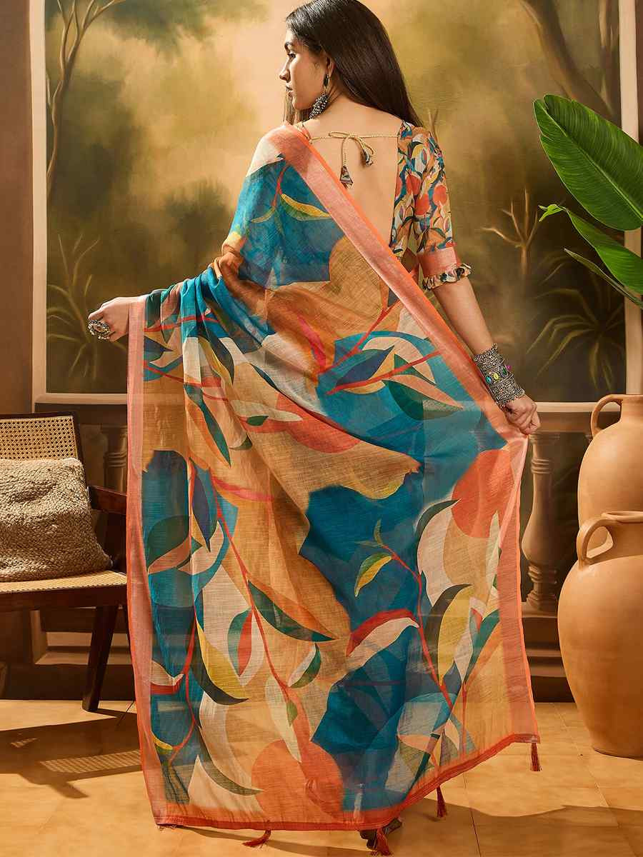 Multi Linen Cotton Blend Handwoven Printed Casual Reception Festival Wedding Fancy Heavy Border Saree