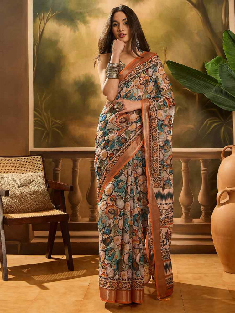 Image of Multi Linen Cotton Blend Handwoven Printed Casual Reception Festival Wedding Fancy Heavy Border Saree