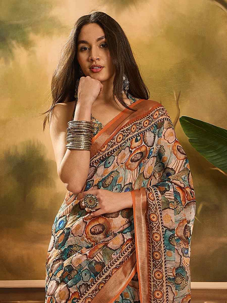 Multi Linen Cotton Blend Handwoven Printed Casual Reception Festival Wedding Fancy Heavy Border Saree