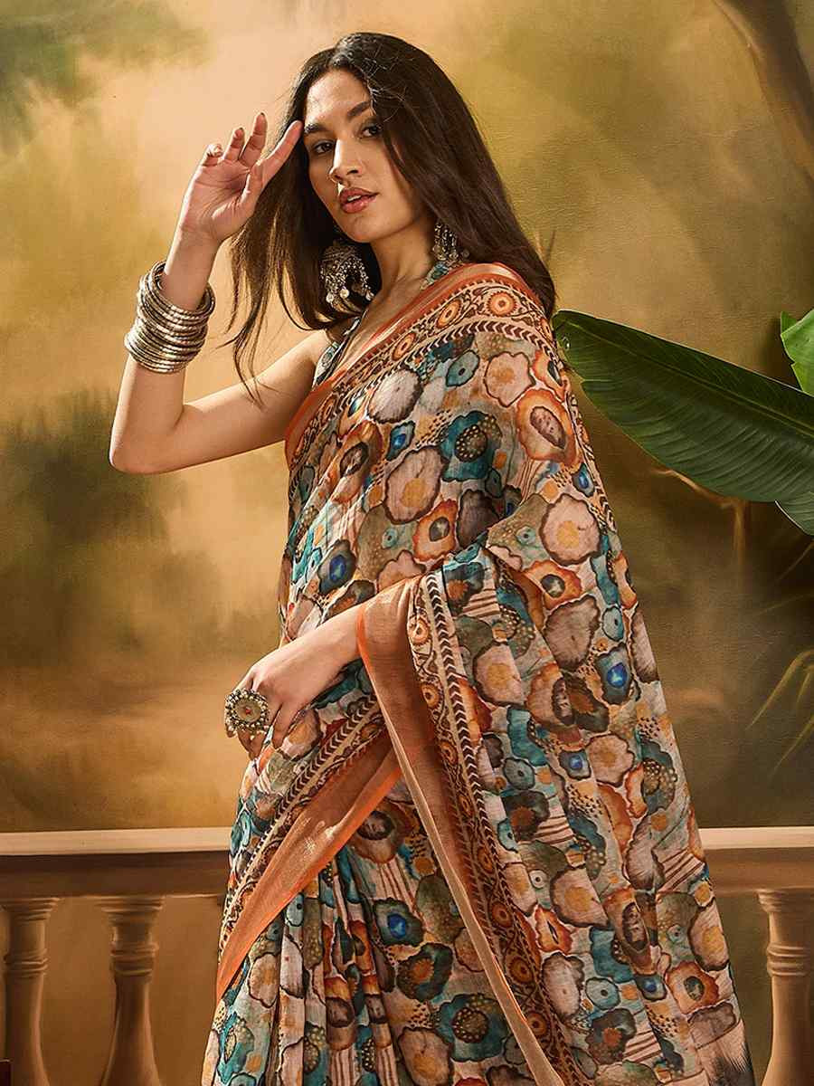 Multi Linen Cotton Blend Handwoven Printed Casual Reception Festival Wedding Fancy Heavy Border Saree