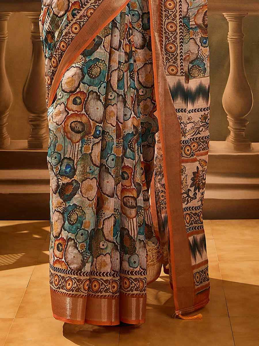 Multi Linen Cotton Blend Handwoven Printed Casual Reception Festival Wedding Fancy Heavy Border Saree