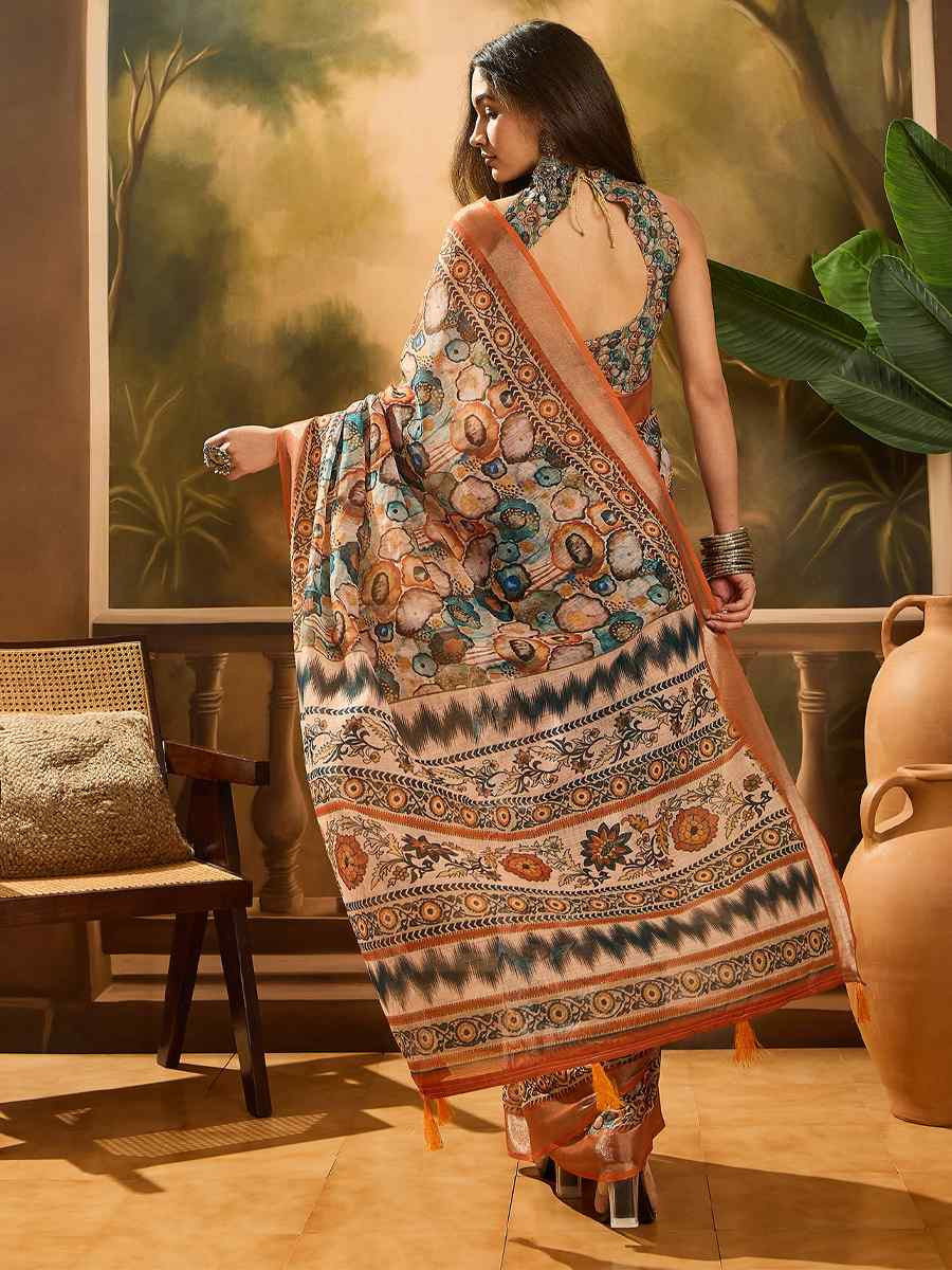 Multi Linen Cotton Blend Handwoven Printed Casual Reception Festival Wedding Fancy Heavy Border Saree