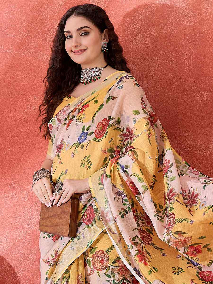 Multi Linen Cotton Blend Printed Casual Reception Festival Wedding Fancy Classic Style Sarees