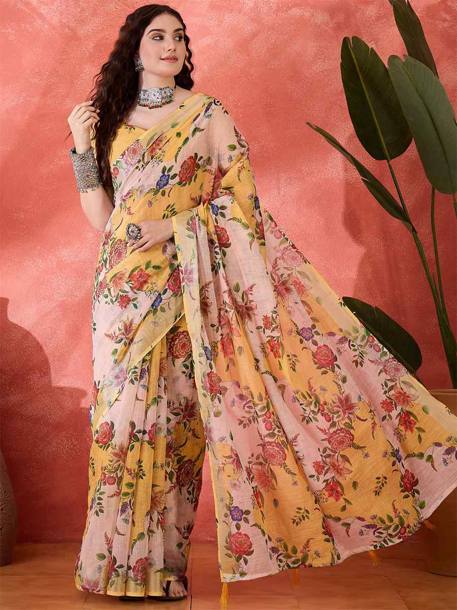 Multi Linen Cotton Blend Printed Casual Reception Festival Wedding Fancy Classic Style Sarees