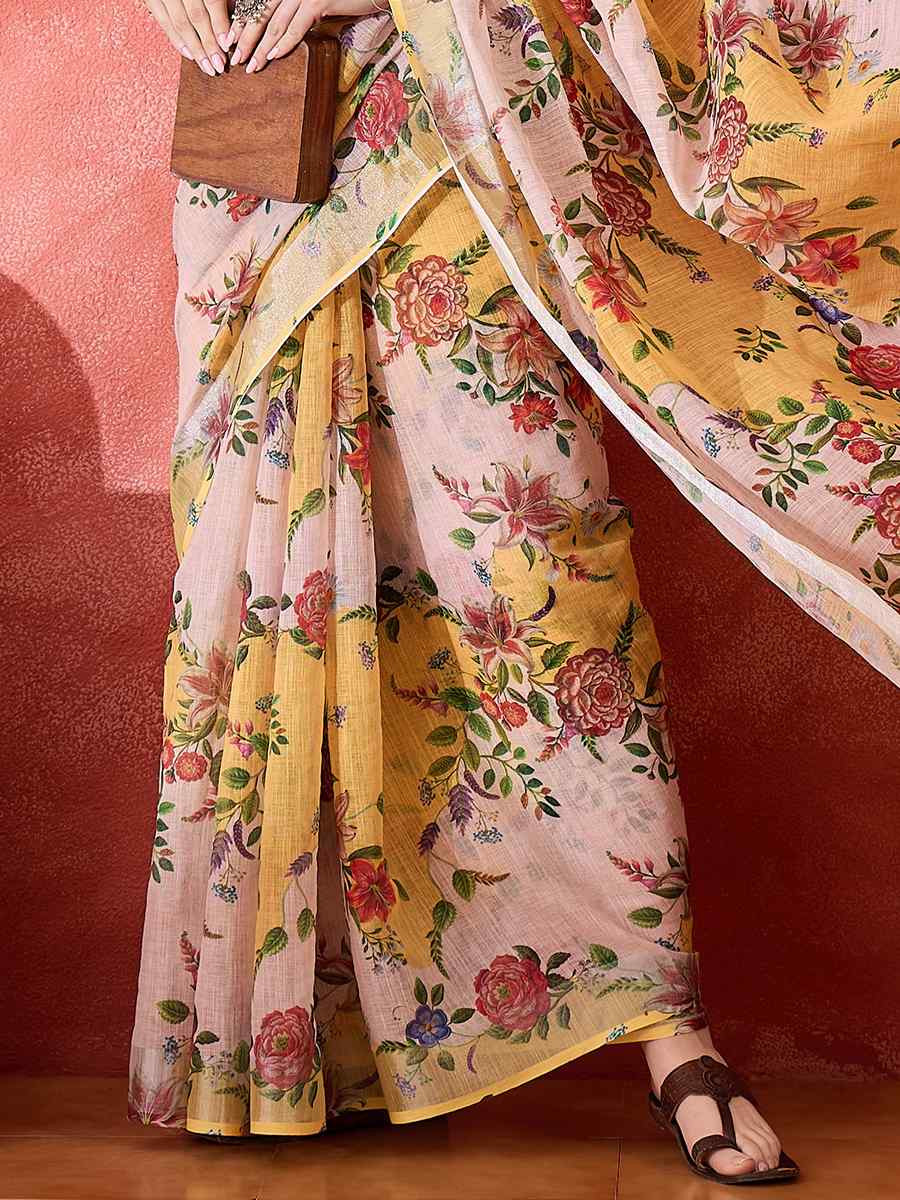 Multi Linen Cotton Blend Printed Casual Reception Festival Wedding Fancy Classic Style Sarees
