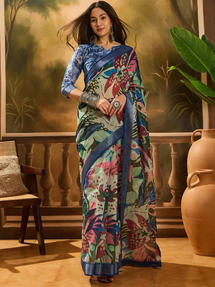 Image of Multi Linen Cotton Blend Printed Casual Reception Festival Wedding Fancy Classic Style Sarees