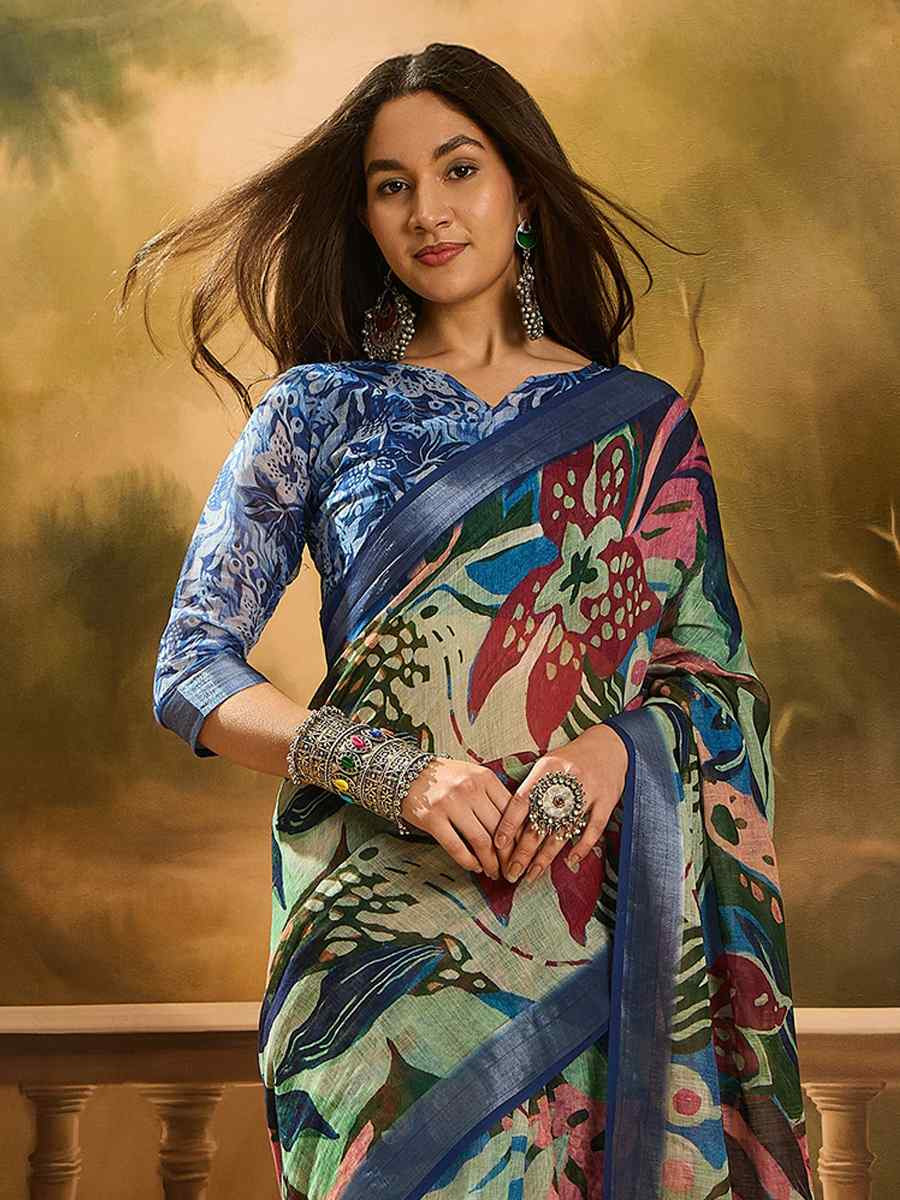 Multi Linen Cotton Blend Printed Casual Reception Festival Wedding Fancy Classic Style Sarees