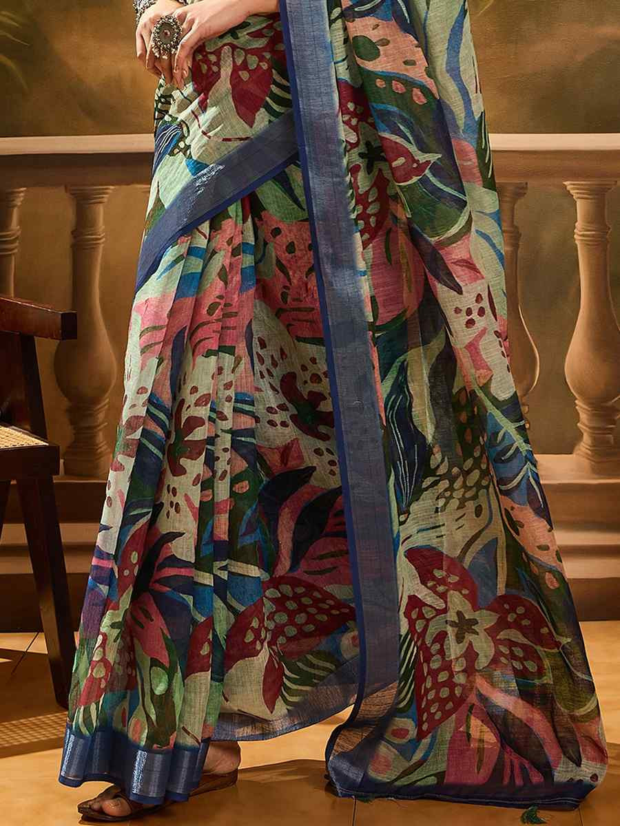 Multi Linen Cotton Blend Printed Casual Reception Festival Wedding Fancy Classic Style Sarees
