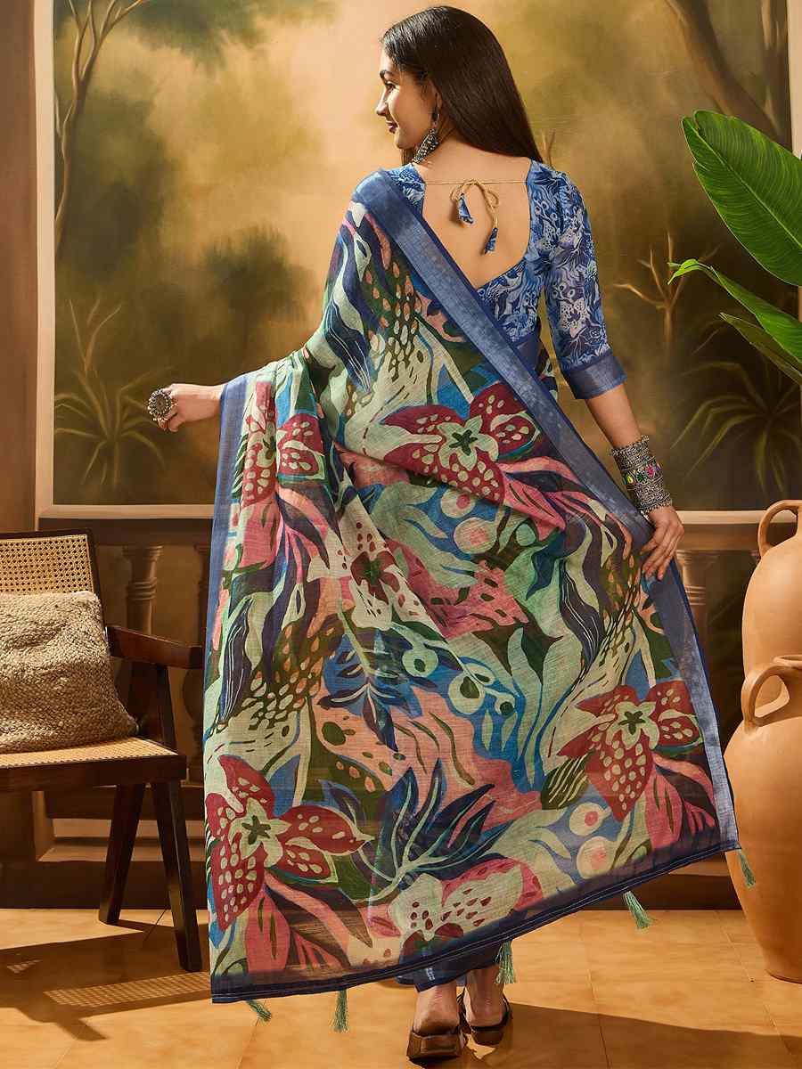 Multi Linen Cotton Blend Printed Casual Reception Festival Wedding Fancy Classic Style Sarees