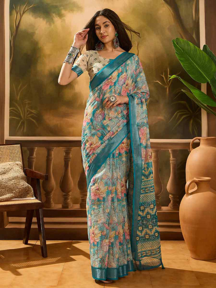 Image of Multi Linen Cotton Blend Printed Casual Reception Festival Wedding Fancy Classic Style Sarees