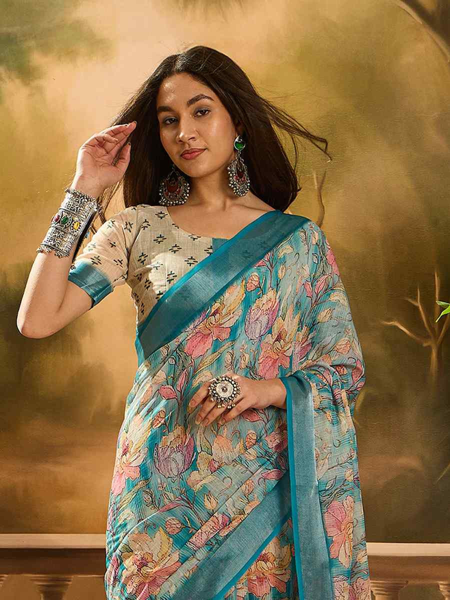 Multi Linen Cotton Blend Printed Casual Reception Festival Wedding Fancy Classic Style Sarees