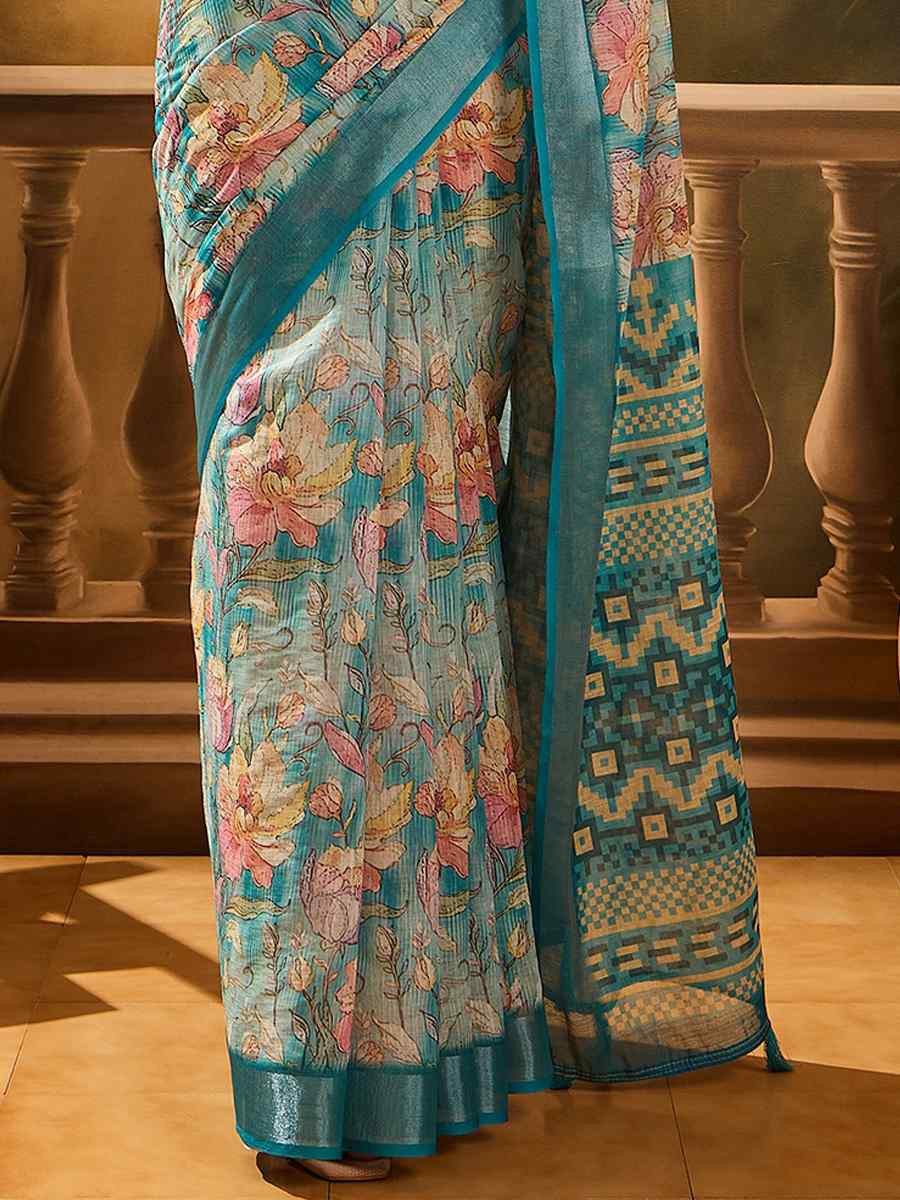 Multi Linen Cotton Blend Printed Casual Reception Festival Wedding Fancy Classic Style Sarees