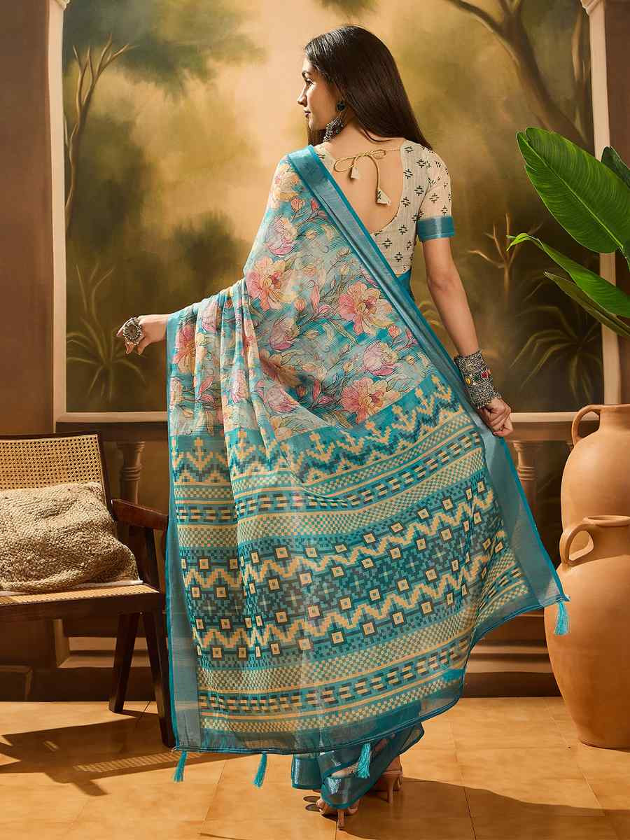 Multi Linen Cotton Blend Printed Casual Reception Festival Wedding Fancy Classic Style Sarees