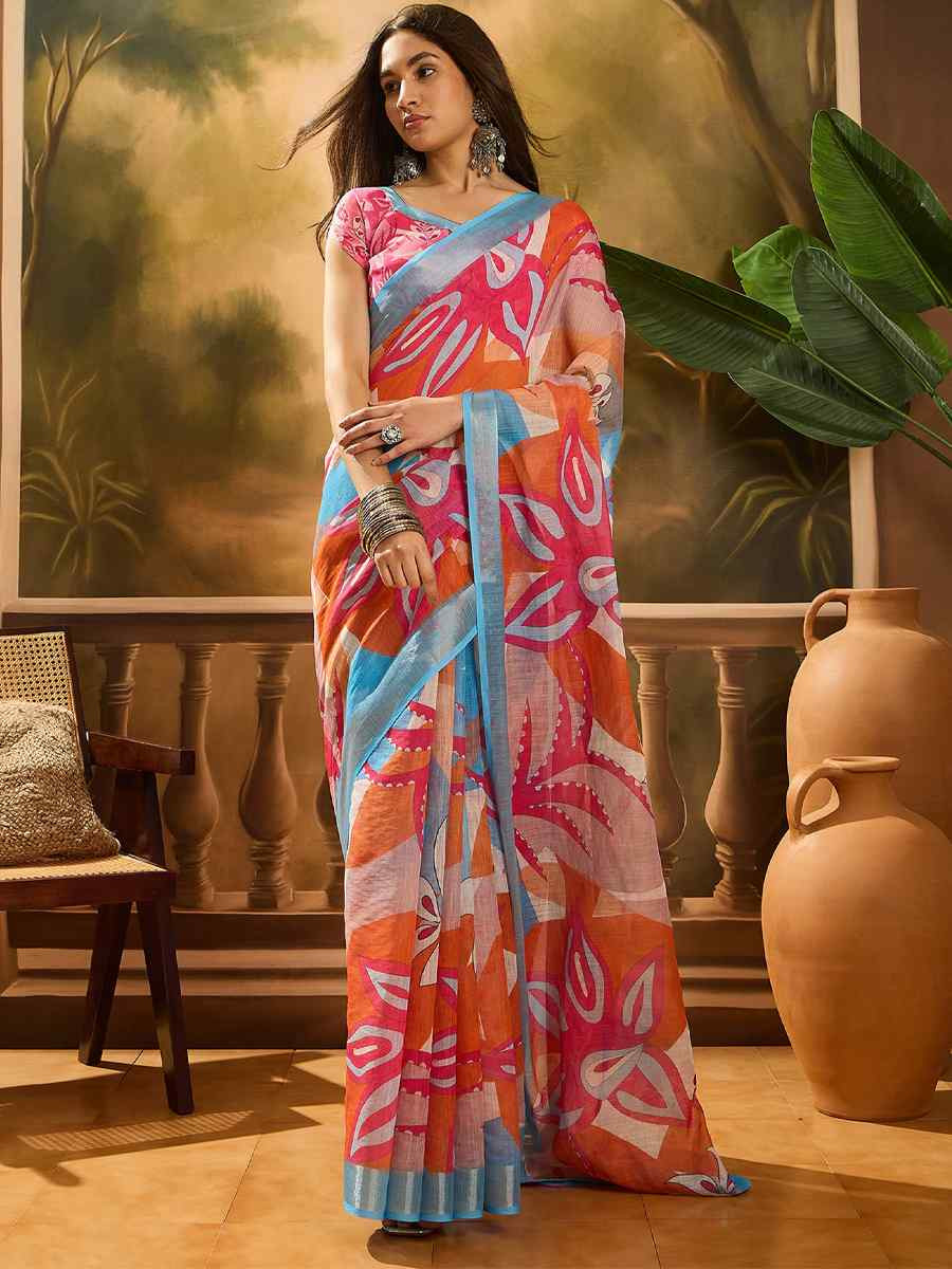 Multi Linen Cotton Blend Printed Casual Reception Festival Wedding Fancy Classic Style Sarees