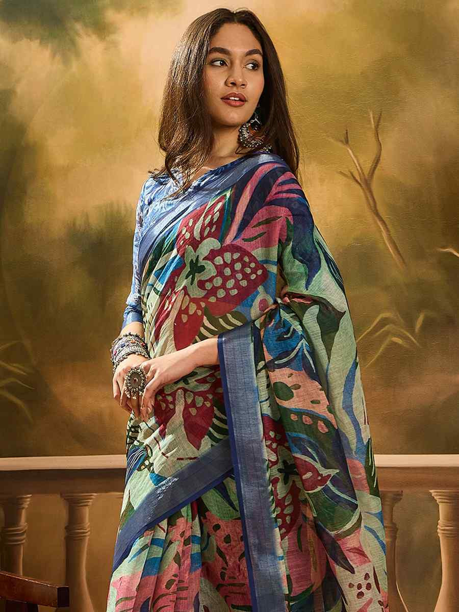 Multi Linen Cotton Blend Printed Casual Reception Festival Wedding Fancy Classic Style Sarees
