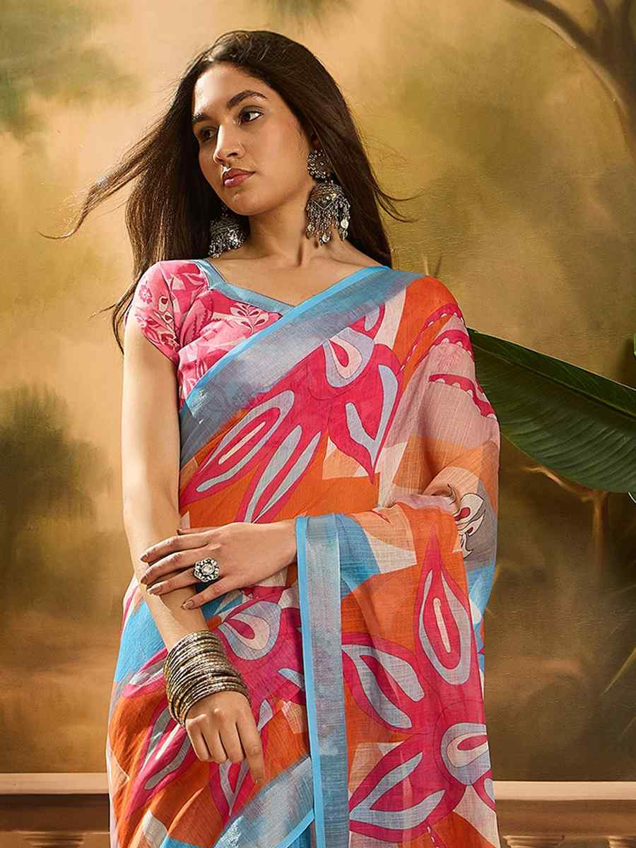 Multi Linen Cotton Blend Printed Casual Reception Festival Wedding Fancy Classic Style Sarees