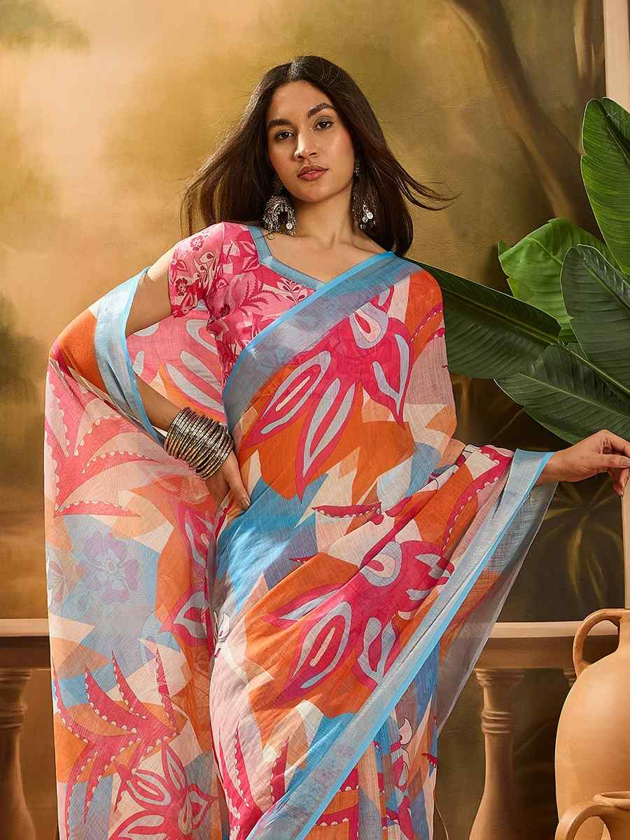 Multi Linen Cotton Blend Printed Casual Reception Festival Wedding Fancy Classic Style Sarees