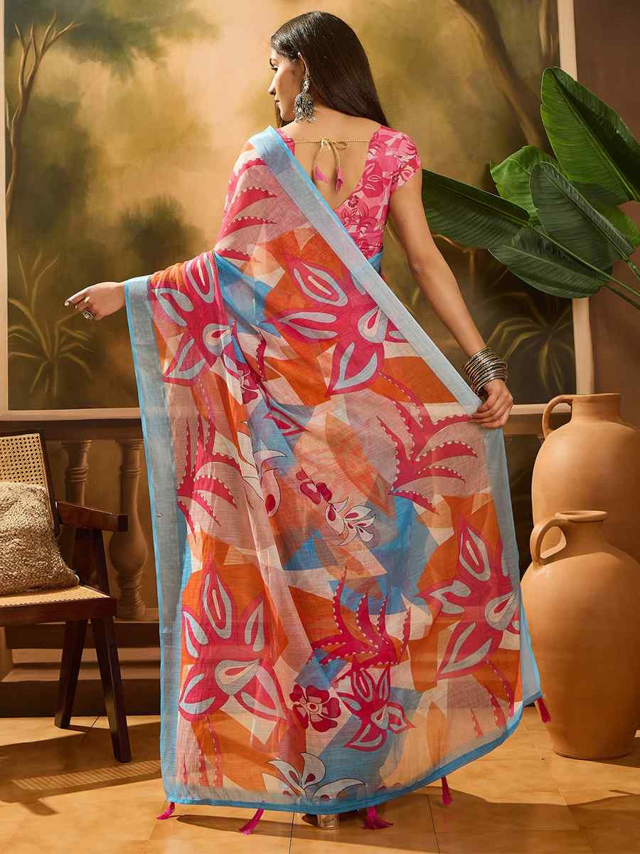 Multi Linen Cotton Blend Printed Casual Reception Festival Wedding Fancy Classic Style Sarees