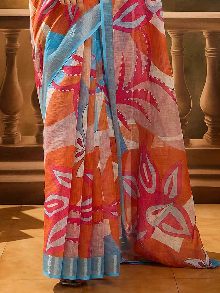 Multi Linen Cotton Blend Printed Casual Reception Festival Wedding Fancy Classic Style Sarees