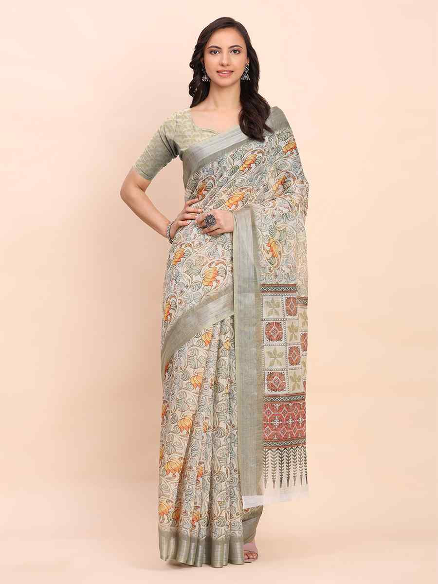 Multi Linen Cotton Printed Festival Wedding Fancy Heavy Border Saree