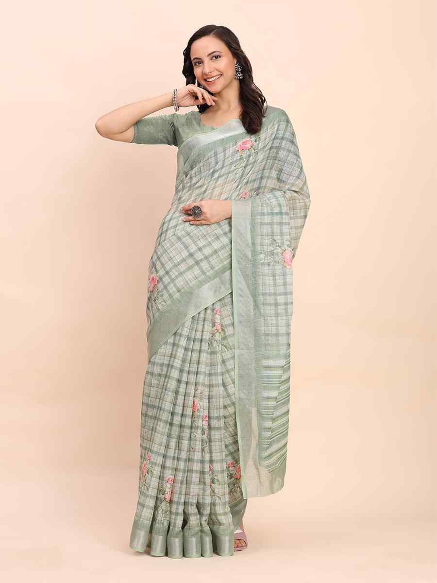 Multi Linen Cotton Printed Festival Wedding Fancy Heavy Border Saree