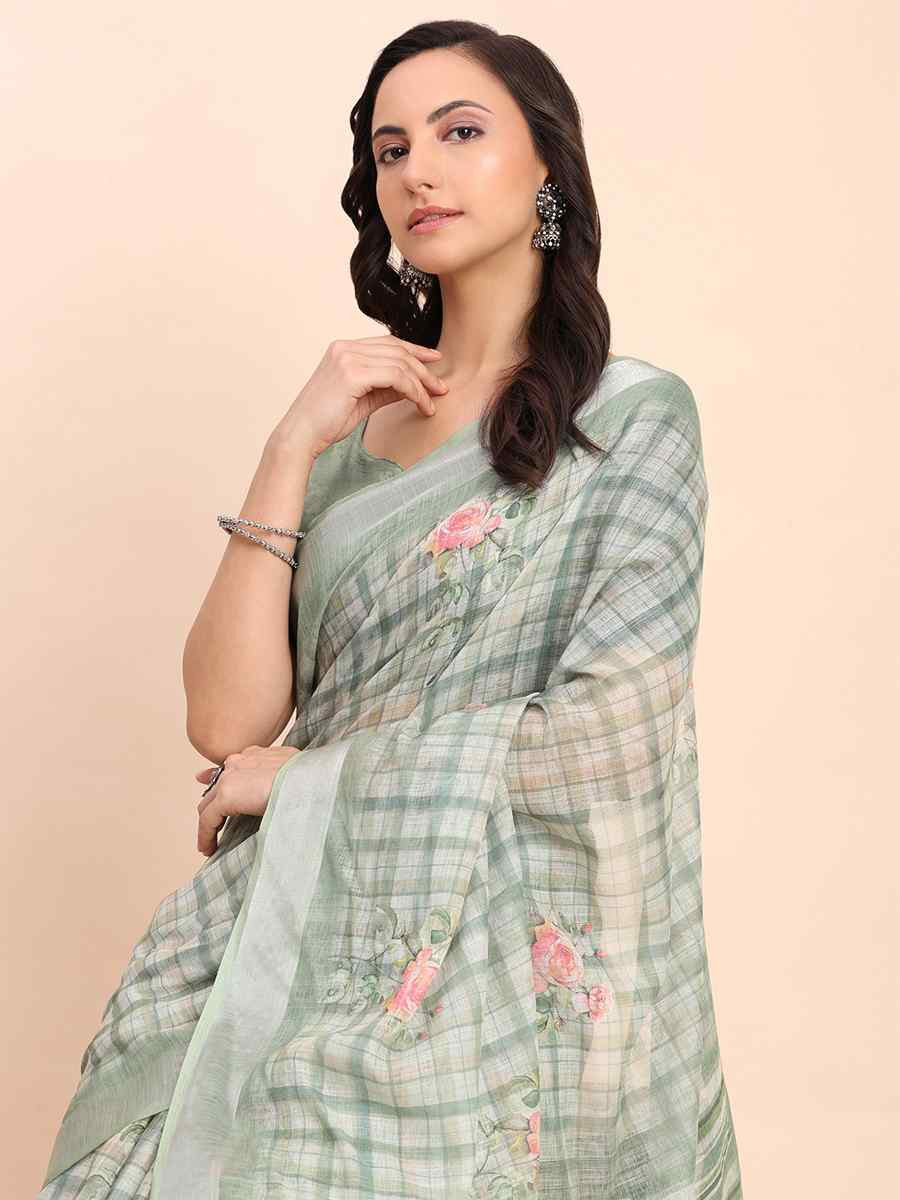 Multi Linen Cotton Printed Festival Wedding Fancy Heavy Border Saree