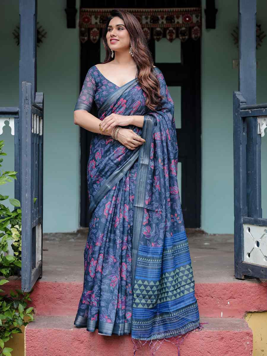 Multi Linen Cotton Printed Festival Wedding Fancy Heavy Border Saree