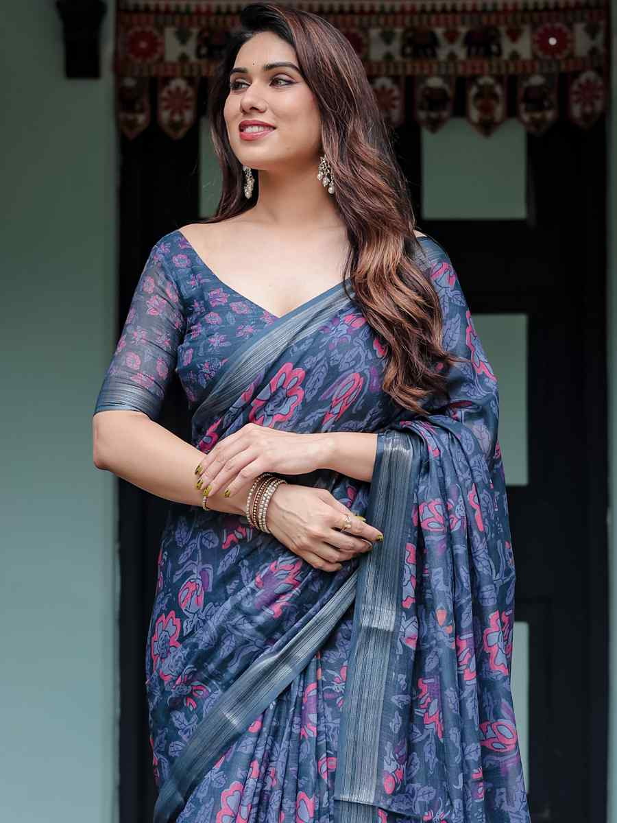 Multi Linen Cotton Printed Festival Wedding Fancy Heavy Border Saree