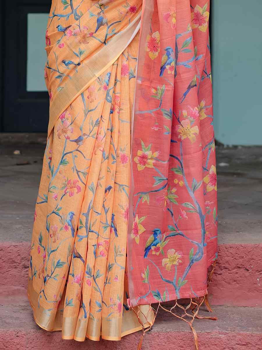 Multi Linen Cotton Printed Festival Wedding Fancy Heavy Border Saree