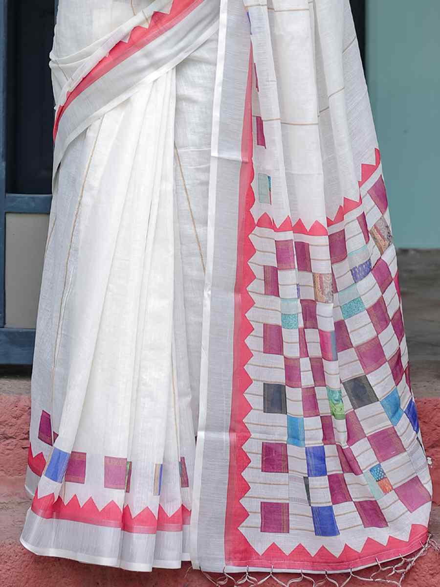 Multi Linen Cotton Printed Festival Wedding Fancy Heavy Border Saree
